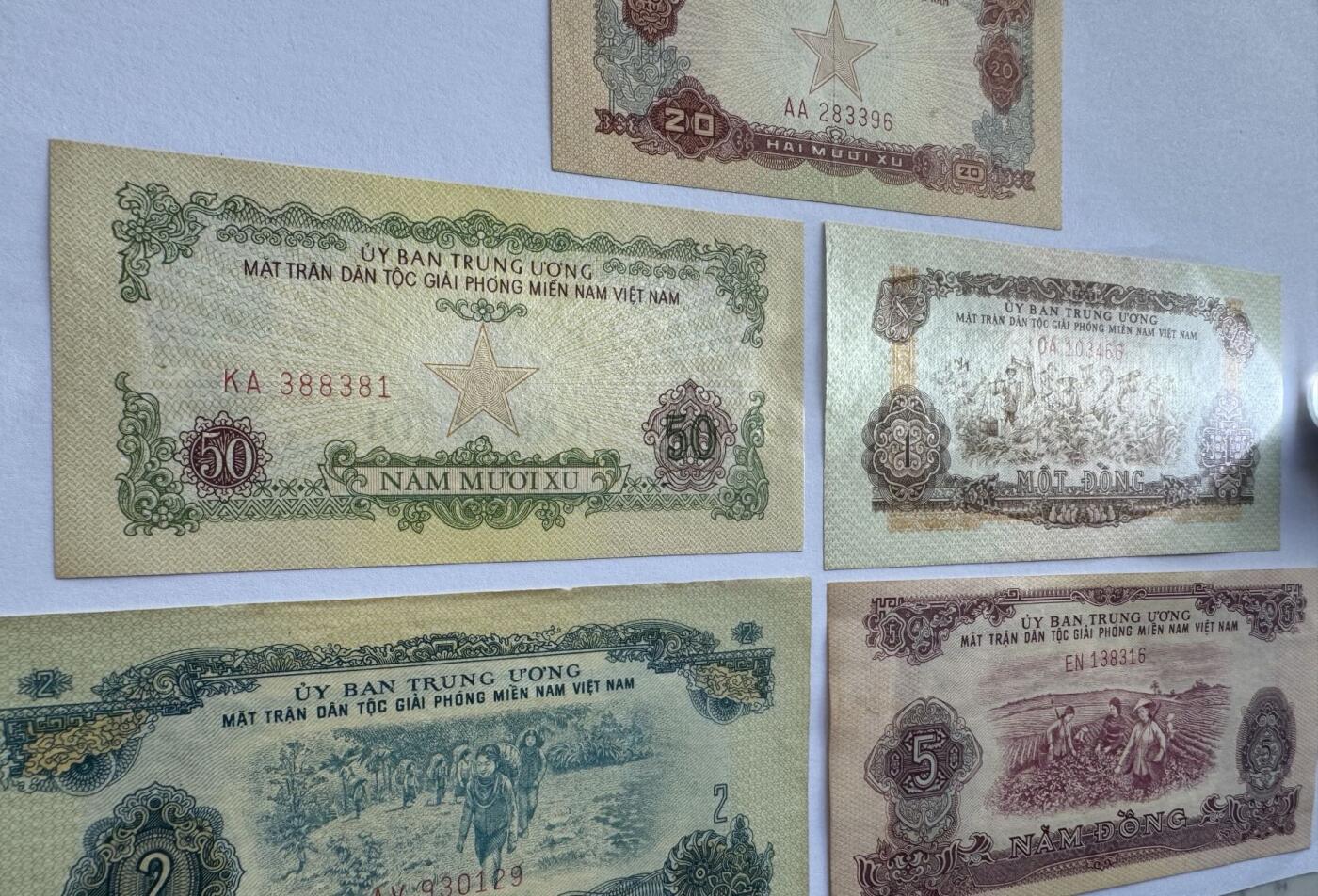 2026第7场（总第234期）：精品外钞、塑料钞、测试钞综合场  中国代印未发行/越南/南越解放民族阵线1963年版20仙、50仙、1、2、5盾一组5枚（品如图）