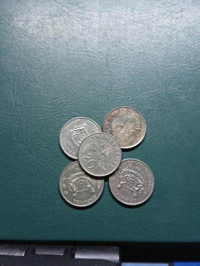 松南世界钱币——260415 新加坡低盾徽版本20分镍币5枚计1元