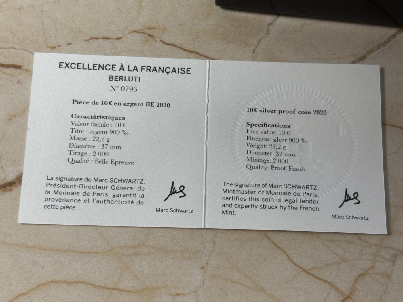 第197期拍卖 盒证齐全法国2020年法兰西瑰宝伯尔鲁帝125周年精制纪念银币900银22.2克直径37毫米发行量仅2000枚