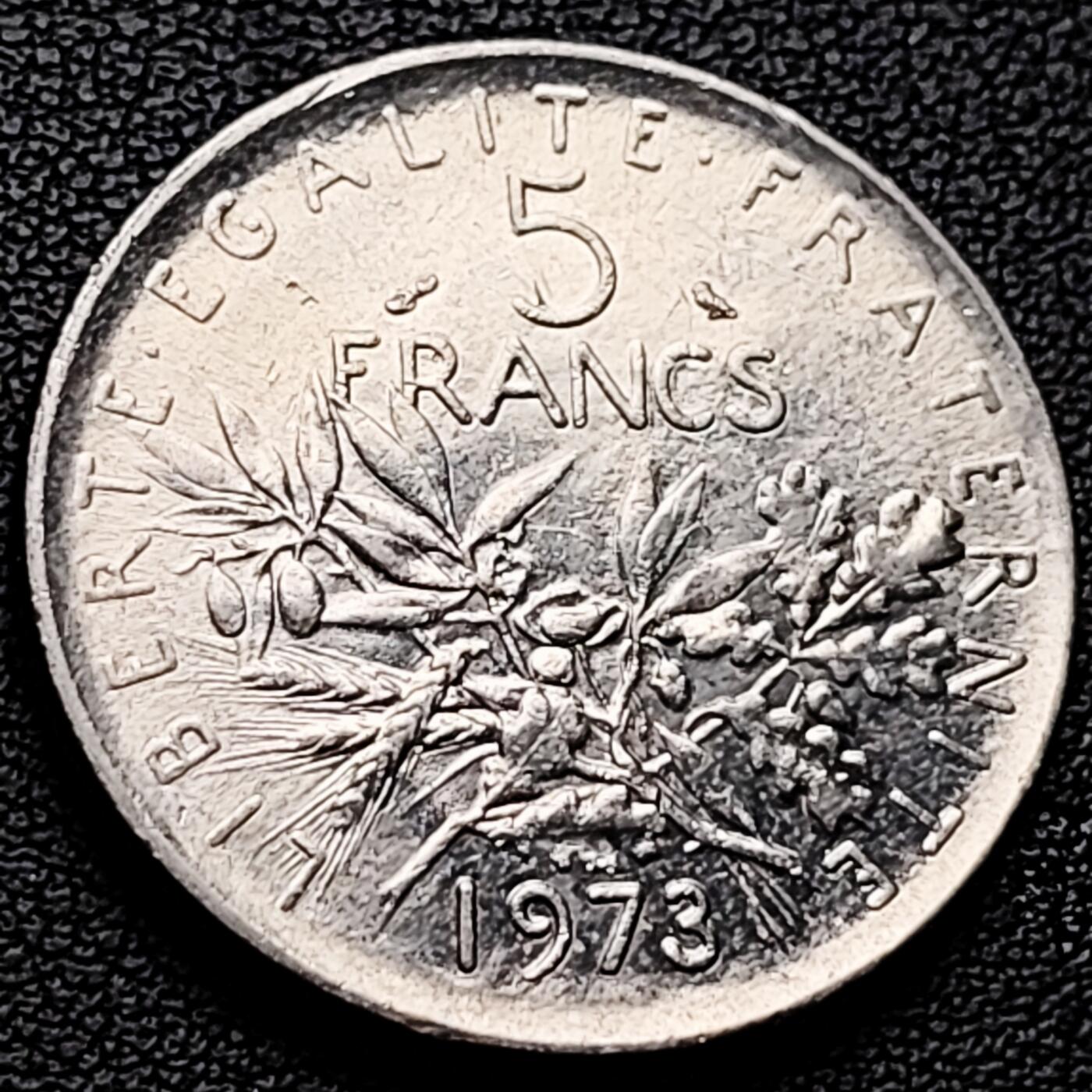 泉币菌-第227场-拍品多 请提前出价 法国早期（1973年）5法郎大镍币 29MM 播种女神 入欧前末版 绝版币