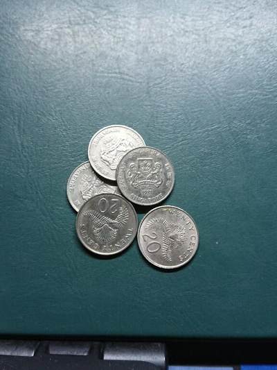 松南世界钱币——260415 新加坡高盾徽版本20分镍币5枚计1元2