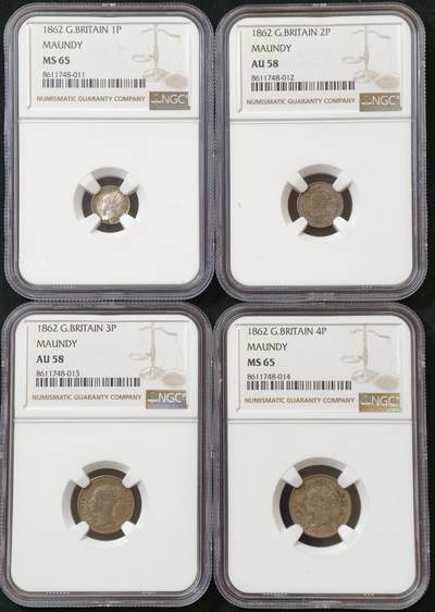 甄臻铺-世界币章拍卖（第60期），甄品场拍品征集中，送拍享返佣金等优惠多多 NGC-MS65-AU58 1862年维多利亚小维洗脚币，宗教产物，绒布包浆，两个58明显低评，性价比极高