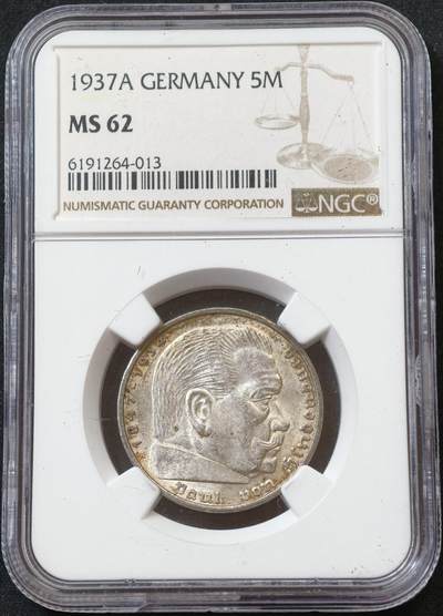 甄臻铺-世界币章拍卖（第60期），甄品场拍品征集中，送拍享返佣金等优惠多多 NGC-MS62 德国 1937年A厂 兴登堡带字5马克银币