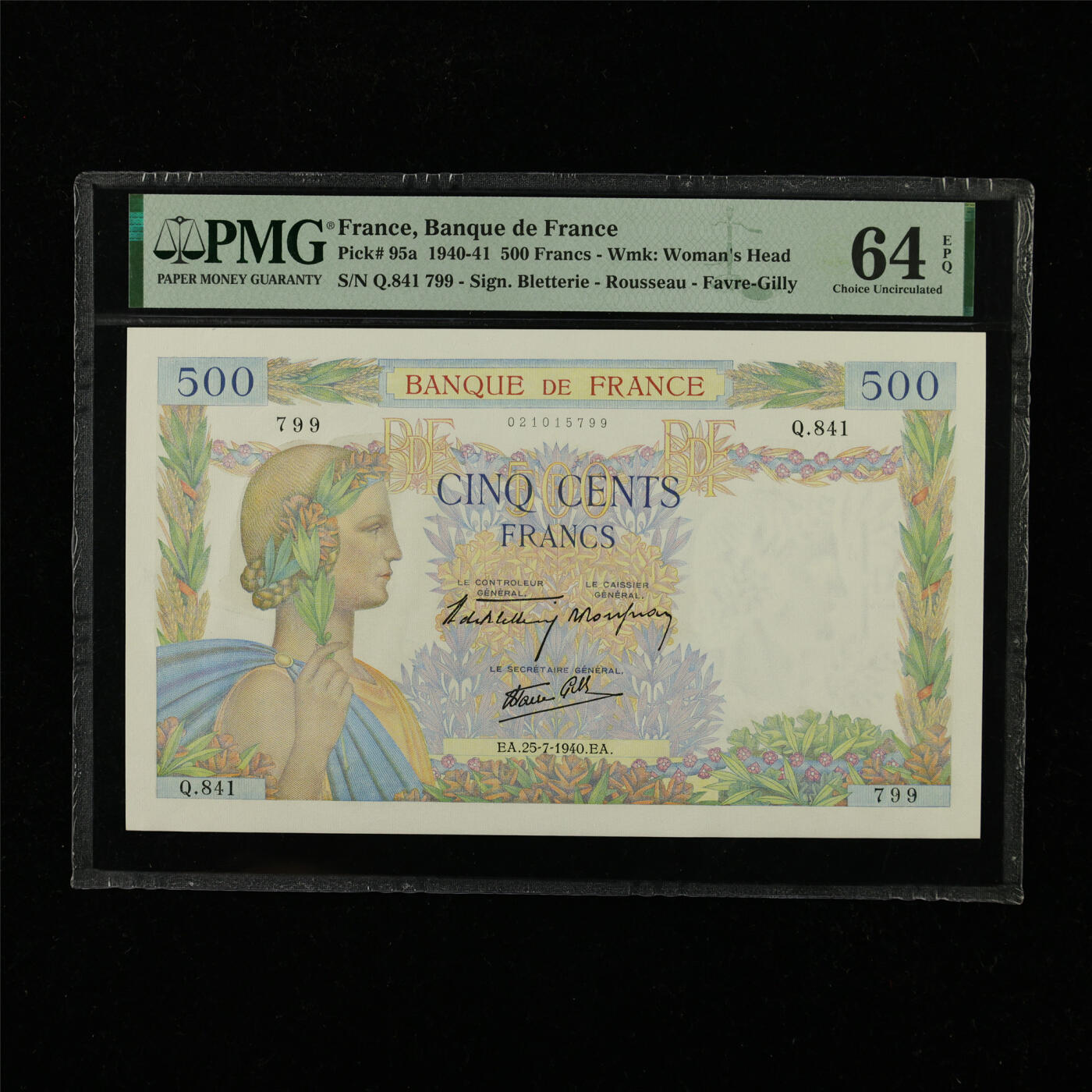 【亘邦集藏】第228期拍卖 1940-41年 法国500法郎 PMG 64EPQ Q.841 799