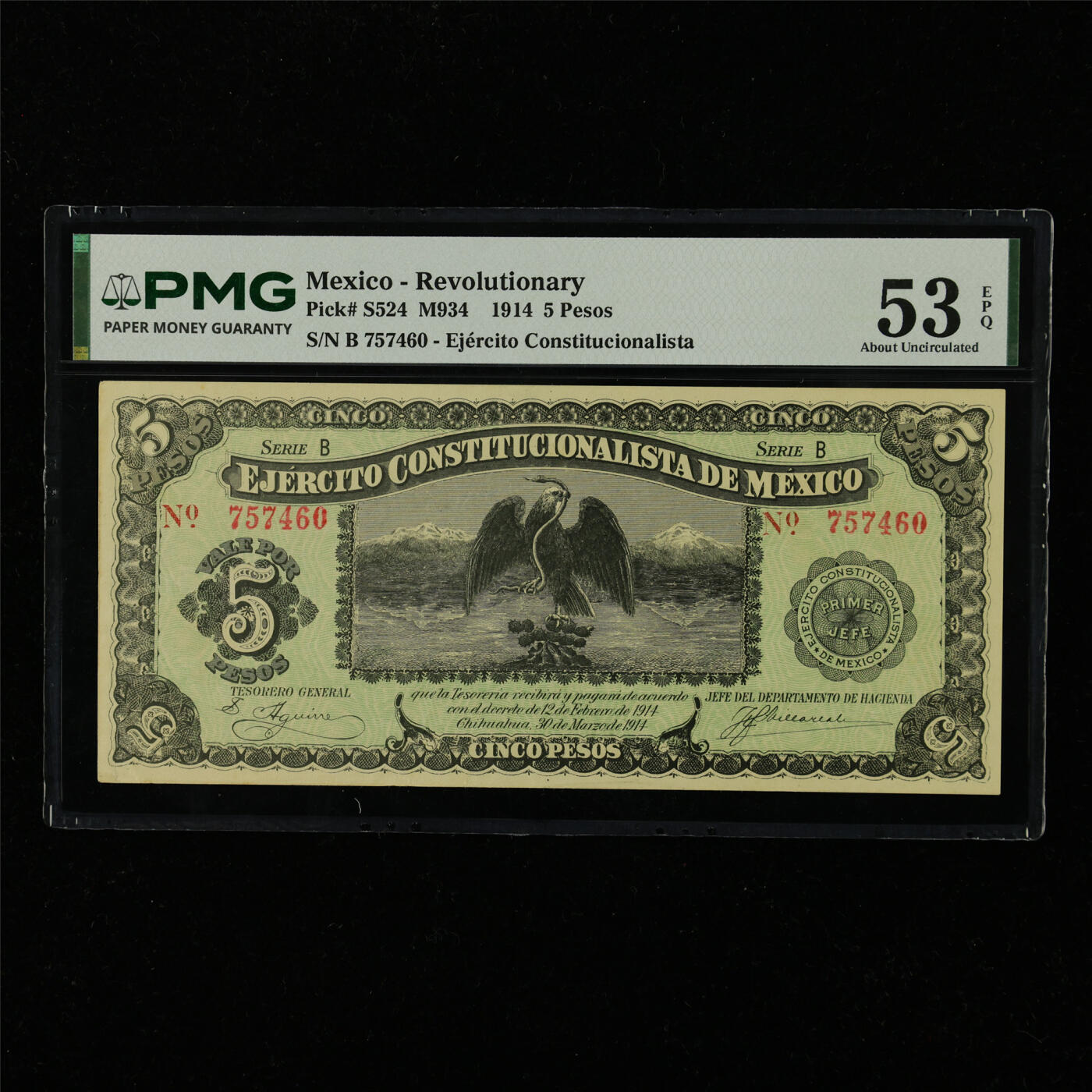 【亘邦集藏】第228期拍卖 1914年 墨西哥5比索 PMG 53EPQ B 757460