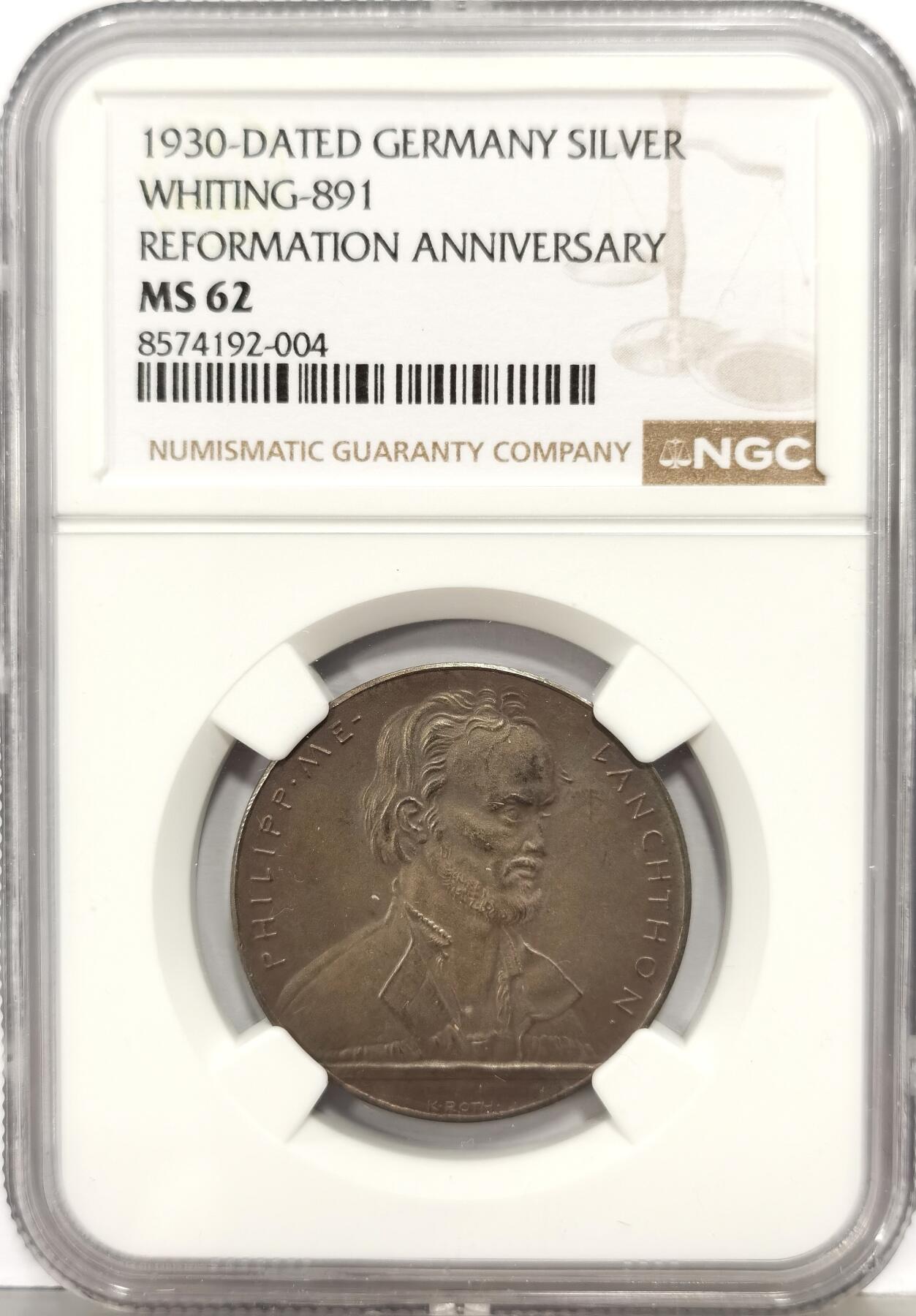 博洋堂世界钱币拍卖第168期（全场包邮） NGC MS62 德国奥格斯堡1930年纪念宗教改革四百周年银章，咖啡包浆，低评了！