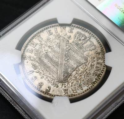 甄臻铺-世界币章拍卖（第60期），甄品场拍品征集中，送拍享返佣金等优惠多多 NGC-AUD 1828年德国萨克森安东尼一世费因马克泰勒银币 早期大尺寸泰勒 少见的摩尔人版本 比后期的少很多