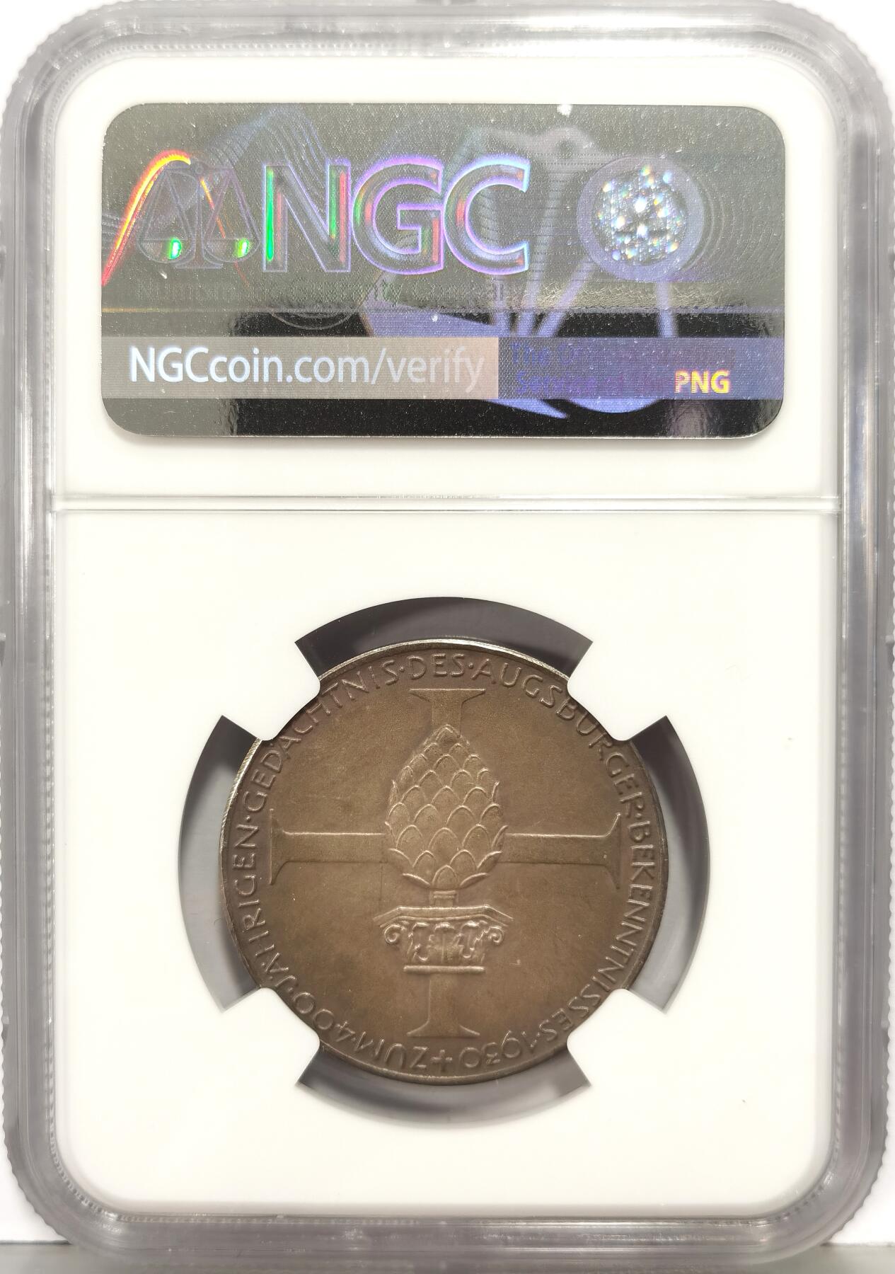 博洋堂世界钱币拍卖第168期（全场包邮） NGC MS62 德国奥格斯堡1930年纪念宗教改革四百周年银章，咖啡包浆，低评了！