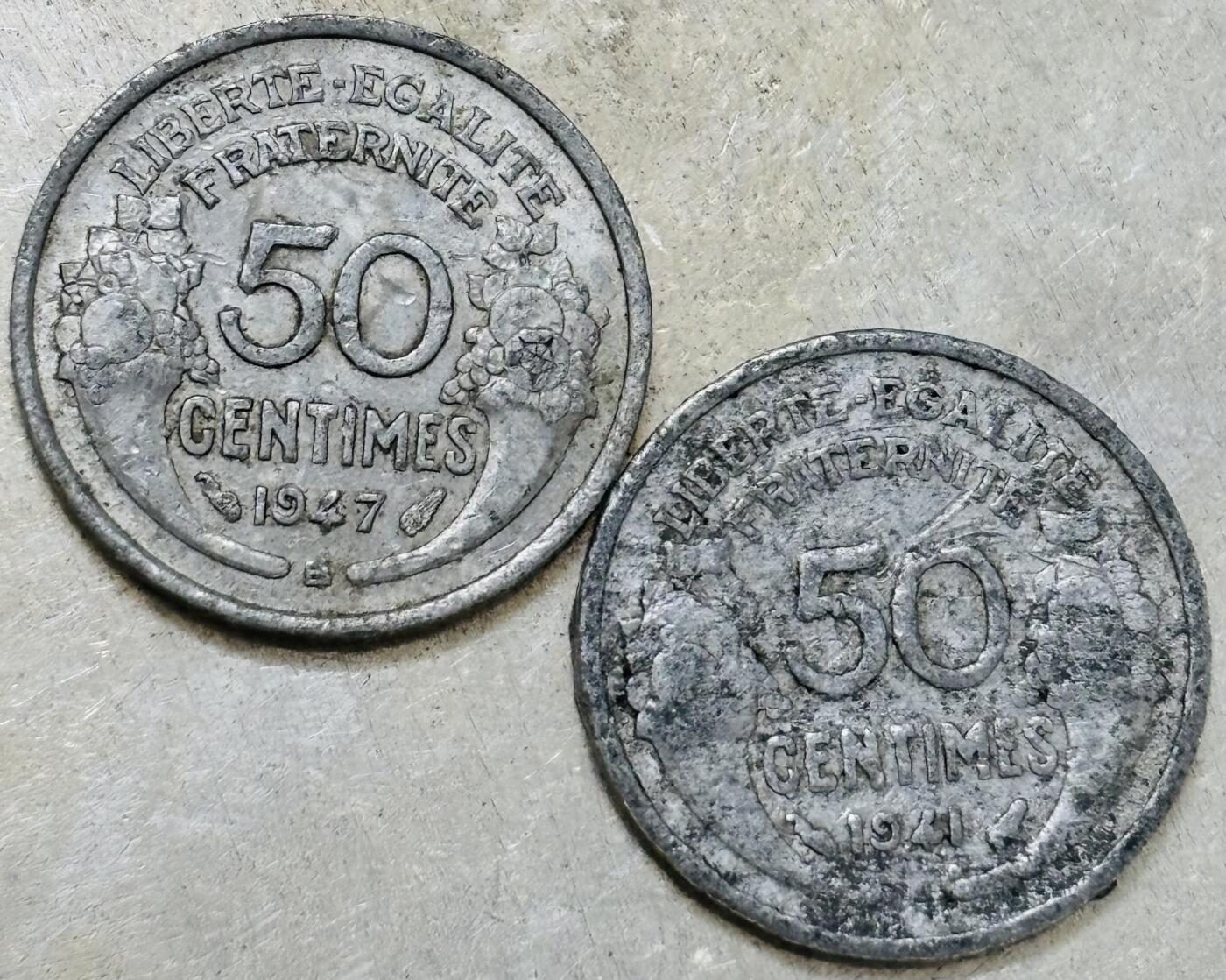 文馨钱币收藏第 300 场，银币，散币，小量德占比利时时期货币，长期接代拍业务 少见 1941-47 年法兰西第四共和国 50 分铝币，第一版首发年，第二版关门年 2 枚