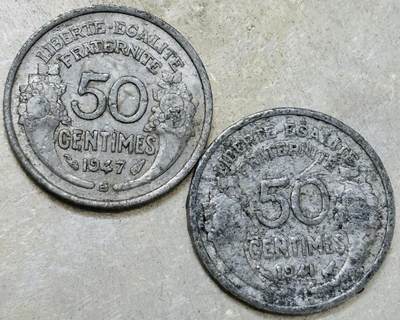 文馨钱币收藏第 300 场，银币，散币，小量德占比利时时期货币，长期接代拍业务 - 少见 1941-47 年法兰西第四共和国 50 分铝币，第一版首发年，第二版关门年 2 枚