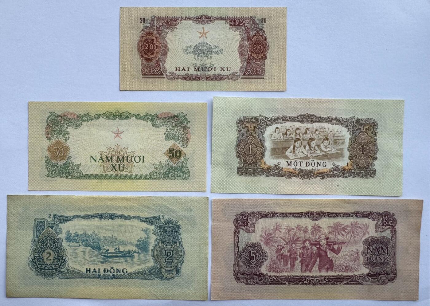 2026第7场（总第234期）：精品外钞、塑料钞、测试钞综合场  中国代印未发行/越南/南越解放民族阵线1963年版20仙、50仙、1、2、5盾一组5枚（品如图）