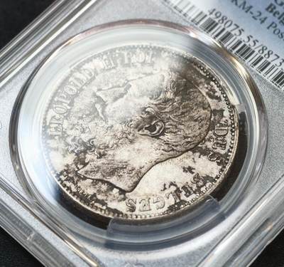 甄臻铺-世界币章拍卖（第60期），甄品场拍品征集中，送拍享返佣金等优惠多多 PCGS-AU55 比利时 1873年利奥波德二世5法郎大银币