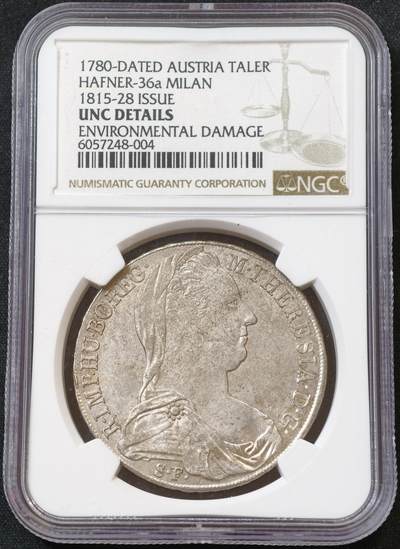 甄臻铺-世界币章拍卖（第60期），甄品场拍品征集中，送拍享返佣金等优惠多多 NGC-UNCD 1815年奥地利大奶妈银币早期版 HAFNER-36a米兰版 非常少见的早期品种