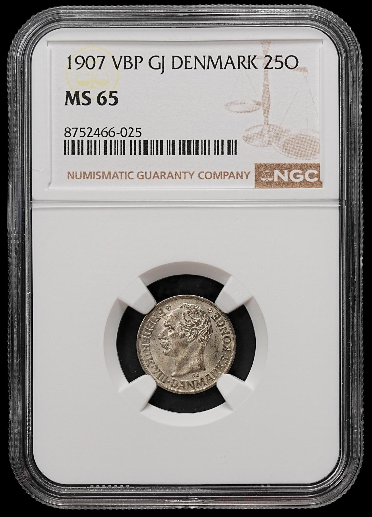 修遠堂世界钱币第112期 NGC MS65 1907年丹麦25欧尔银币