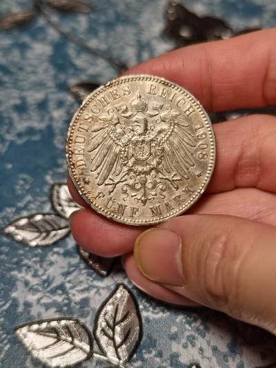 抚柳草堂-第二十六期章牌钱币  奖章勋章 满百包邮 放漏专场 1908德国符腾堡威廉二世5马克大银币 F厂 重27.8g 淡淡的黄油彩转光 非常漂亮的一枚 发行量50万左右中等偏少