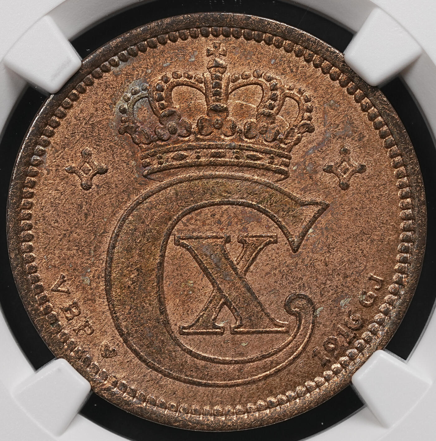 修遠堂世界钱币第112期 NGC MS64RB 1916年丹麦5欧尔铜币 较少见年份 铸造量只有80多万枚