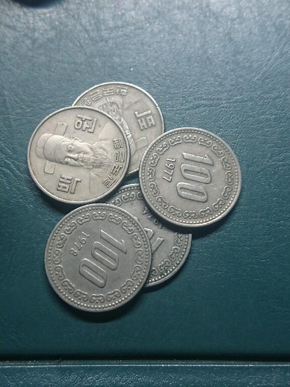 松南世界钱币——260416 韩国旧版本100元镍币5枚4