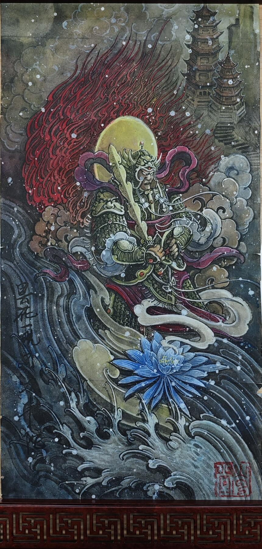 白泽拍卖卡牌手绘专场第35期（问东城春色，正谷雨，牡丹期） 2025 刘晓明手绘画 昙花一现只为韦陀 尺寸：19cm*38cm  刘晓明钤印