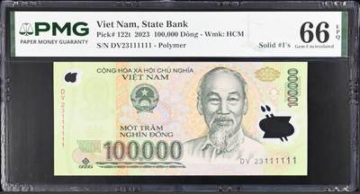 桂P钱币文化工作室拍卖第五十期 - 越南2023年版10万盾，全同号111111，PMG66分