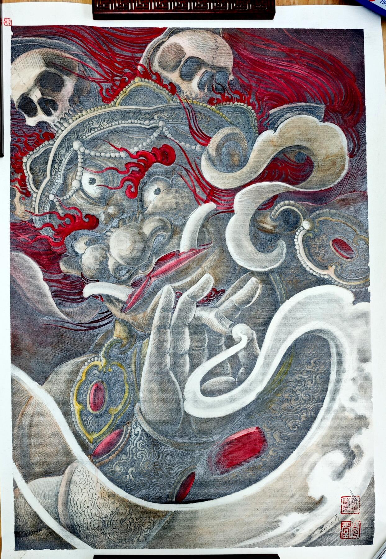 白泽拍卖卡牌手绘专场第35期（问东城春色，正谷雨，牡丹期） 2022 刘晓明手绘画 大黑天 尺寸：52.6*75.5cm  刘晓明亲签 钤印