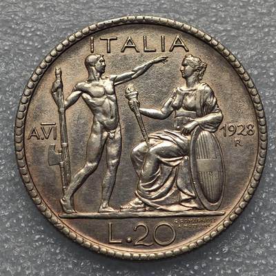  【淘币小摊】限时拍第八百九十五拍  埃塞俄比亚留尼旺比利时意大利场    每周一统一发货 意大利1928年20里拉大银币好品 km69