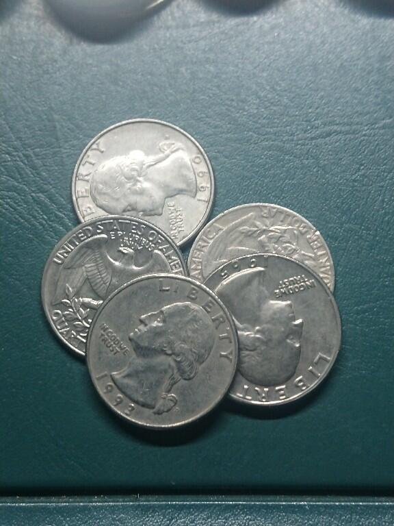 松南世界钱币——260416 美国25美分镍币5枚共计1.25美元2