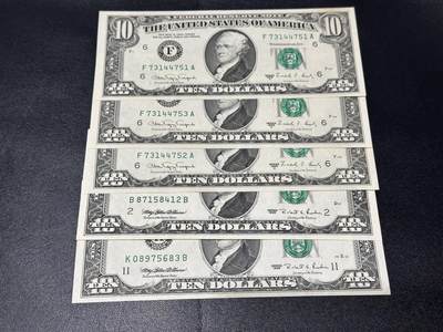《外钞收藏家》第六百二十八期（精品百拍场）（长期征集拍品、欢迎藏友们联系合作） - 1988和95年美国小头版10美元 5张一起 AU和UNC-