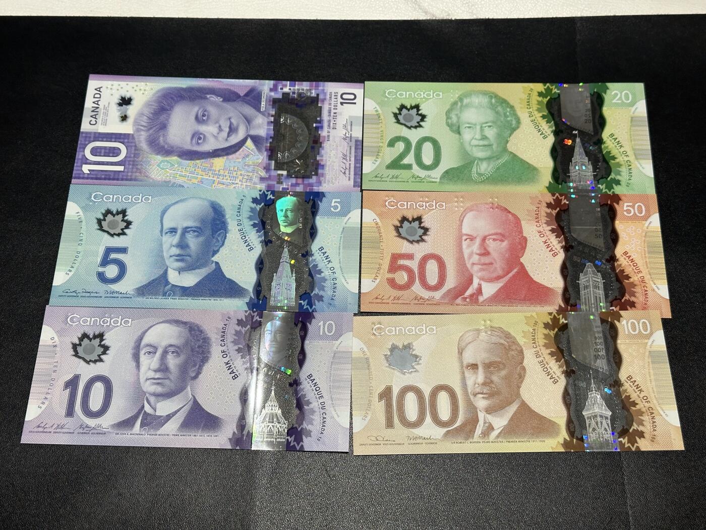 《外钞收藏家》第六百二十八期（精品百拍场）（长期征集拍品、欢迎藏友们联系合作） 加拿大2个版本塑料钞10-100加元 六张一起 全新UNC