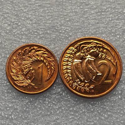  【淘币小摊】限时拍第八百九十五拍  埃塞俄比亚留尼旺比利时意大利场    每周一统一发货 新西兰1987年1-2分高冠铜币一对原光好品