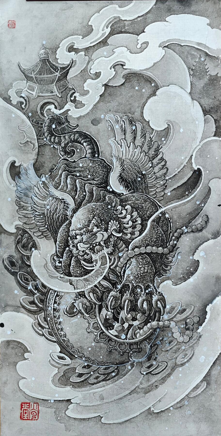 白泽拍卖卡牌手绘专场第35期（问东城春色，正谷雨，牡丹期） 2025 刘晓明手绘画 尺寸：33cm*66cm  刘晓明钤印