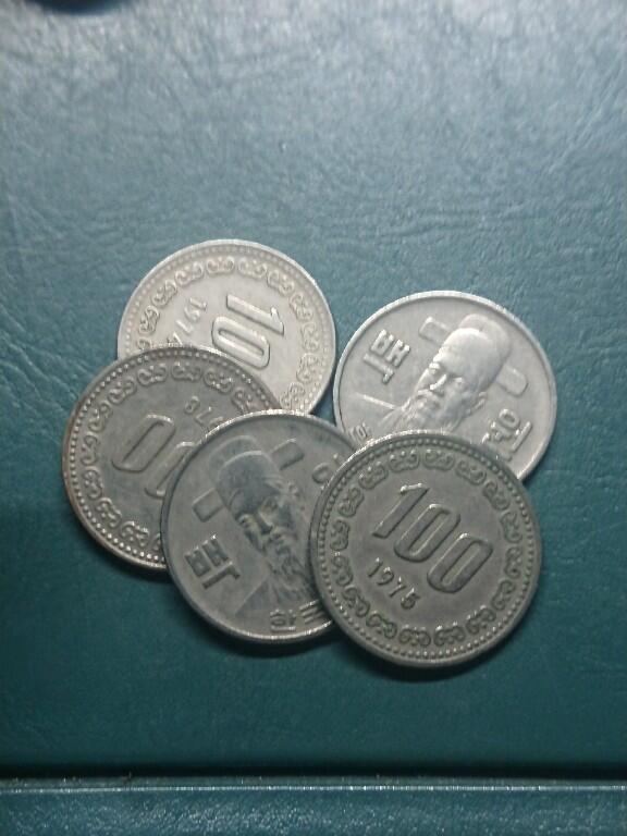 松南世界钱币——260416 韩国旧版本100元镍币5枚3