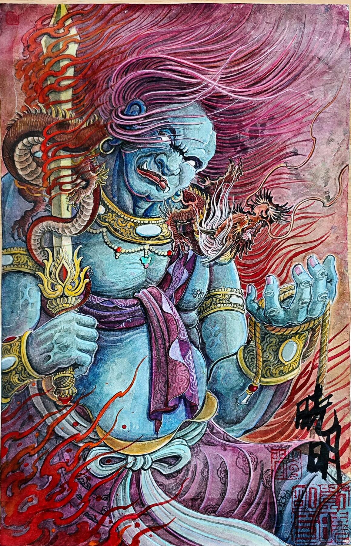 白泽拍卖卡牌手绘专场第35期（问东城春色，正谷雨，牡丹期） 2025 刘晓明手绘画 不动明王 尺寸;29.5cm*45.6cm  刘晓明亲签 钤印