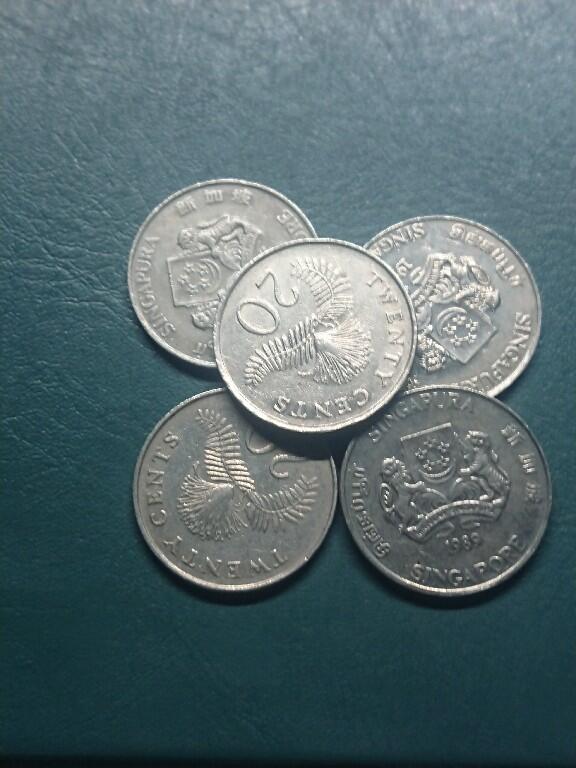 松南世界钱币——260416 新加坡高盾徽版本20分镍币5枚共计1元2