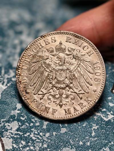 抚柳草堂-第二十六期章牌钱币  奖章勋章 满百包邮 放漏专场 1908德国符腾堡威廉二世5马克大银币 F厂 重27.8g 淡淡的黄油彩转光 非常漂亮的一枚 发行量50万左右中等偏少