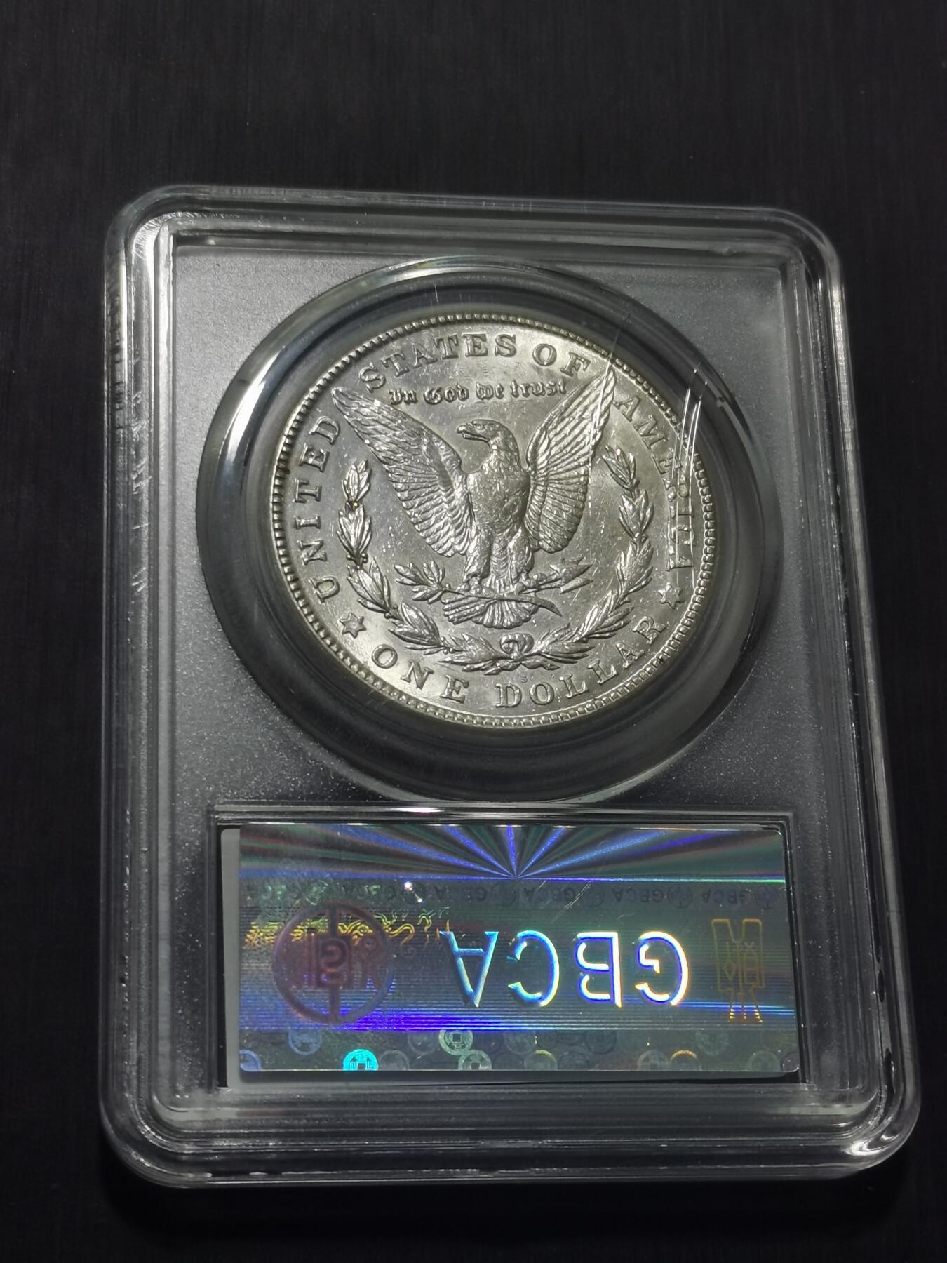 天下钱庄专场欢迎参拍 公博评级MS64美国摩根一美元银币，盒子有牛毛裂