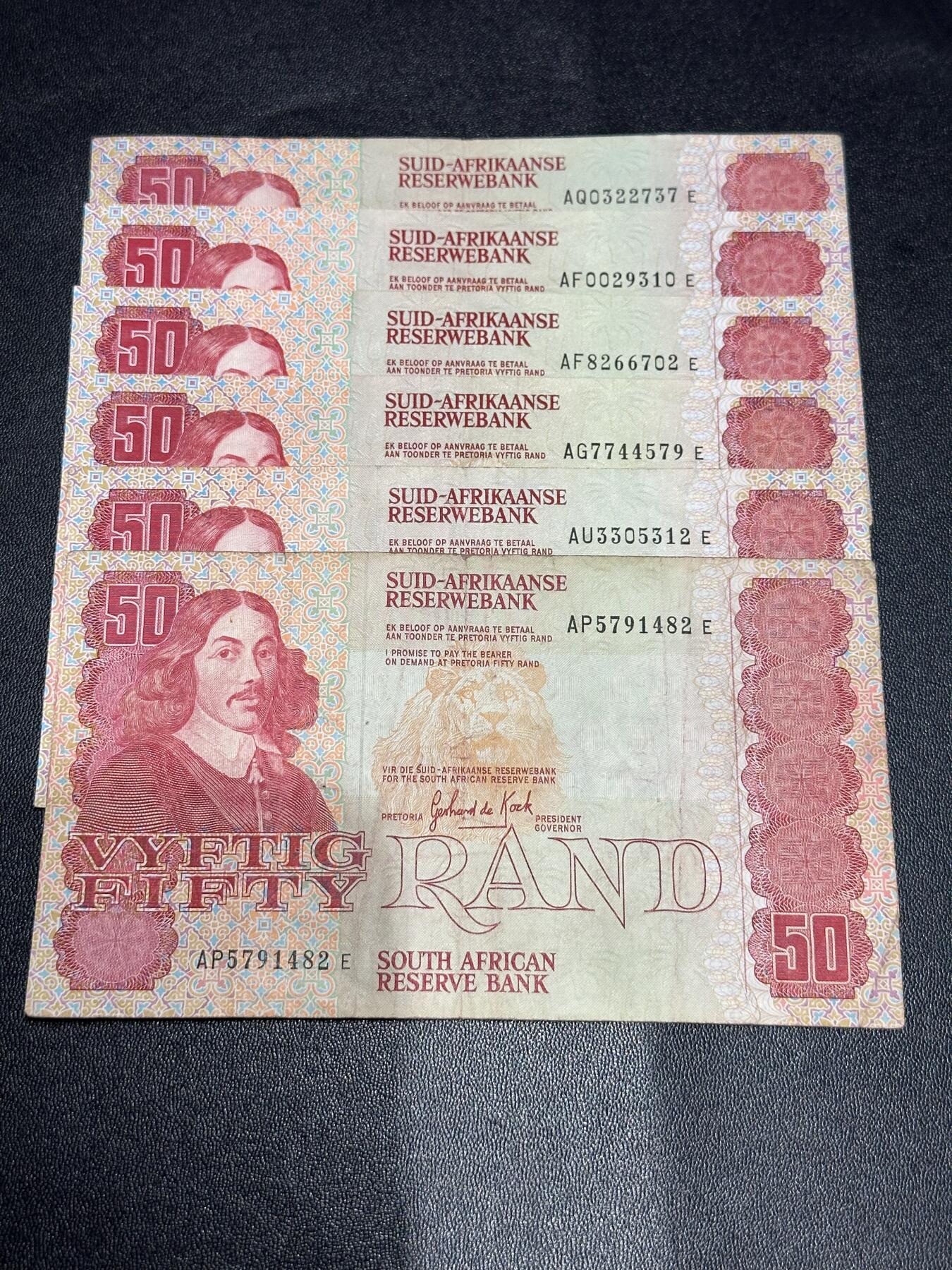 《外钞收藏家》第六百二十八期（精品百拍场）（长期征集拍品、欢迎藏友们联系合作） 南非50兰特 6张一起 非全新 品相如图