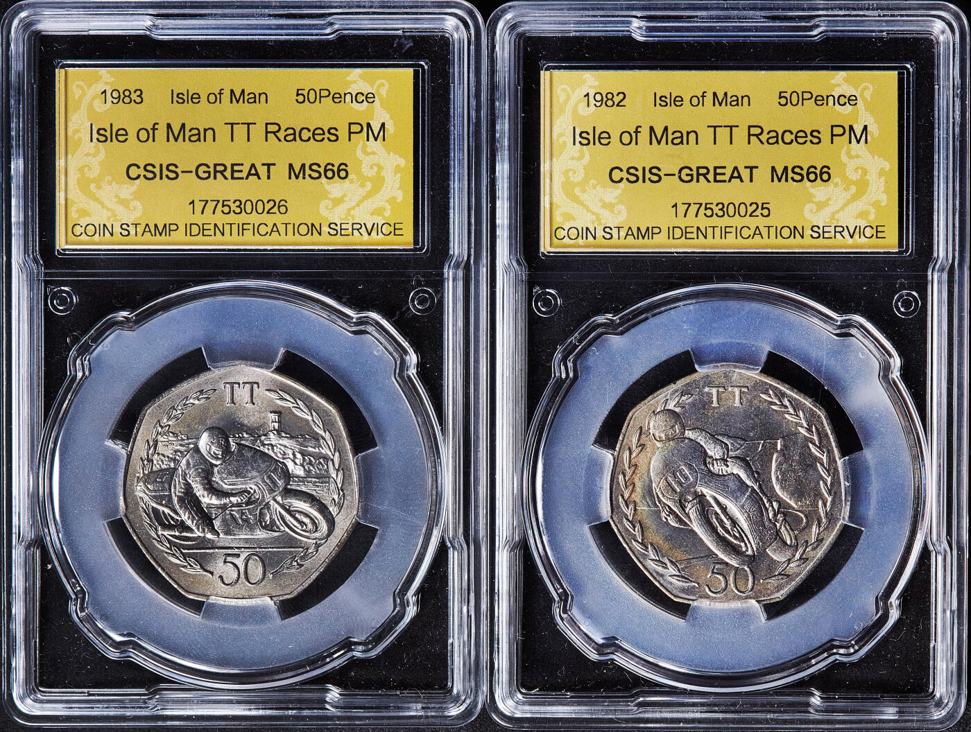 【俄甄集藏】满园春色-2026年(051)04-22星期三 晚 19:30 全场包邮 英属马恩岛1981-1984年TT超级摩托车赛50便士纪念币4枚一组，信泰 MS66-MS67，发行量均为30000枚