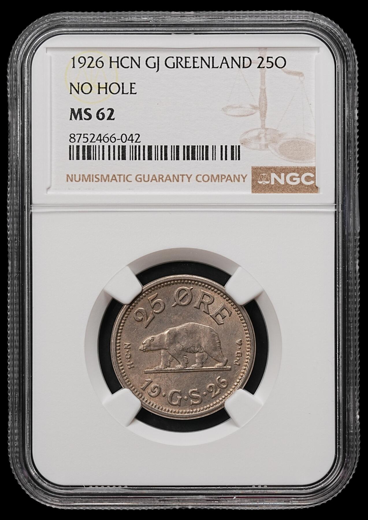 修遠堂世界钱币第112期 NGC MS62 1926年格陵兰岛25欧尔