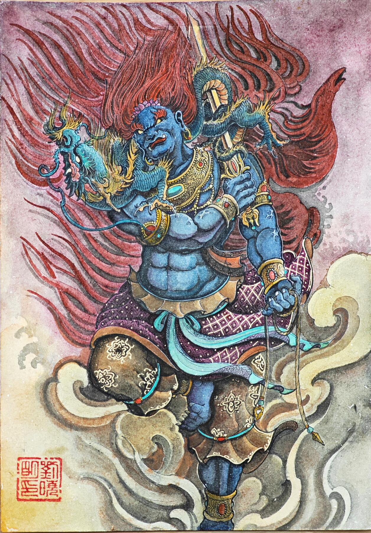 白泽拍卖卡牌手绘专场第35期（问东城春色，正谷雨，牡丹期） 2025 刘晓明手绘画 不动明王 尺寸;20.7cm*29.5cm  刘晓明钤印