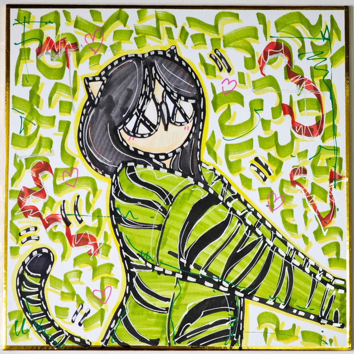 白泽拍卖卡牌手绘专场第35期（问东城春色，正谷雨，牡丹期） 2021 waiwai手绘色纸 绿色心情 尺寸：17.8cm*17.8cm  waiwai亲签