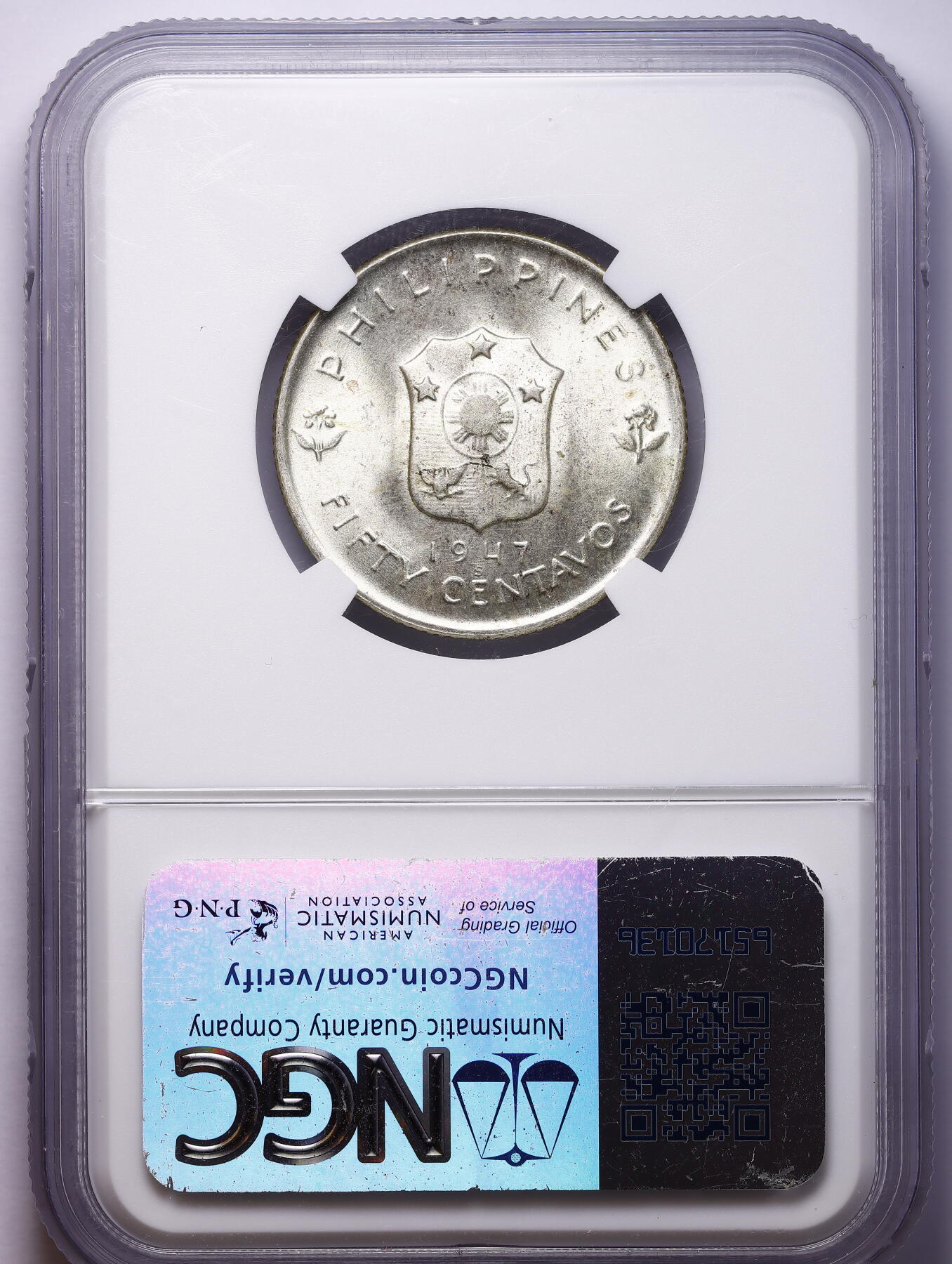 观钱 近现代机制币拍卖No.008（全场顺丰包邮，不区分偏远地区）  1947-S 菲律宾道格拉斯・麦克阿瑟 50 分银币 NGC UNC Details 1947-S 是麦克阿瑟 50 分银币的唯一发行年份，旧金山造币厂铸造