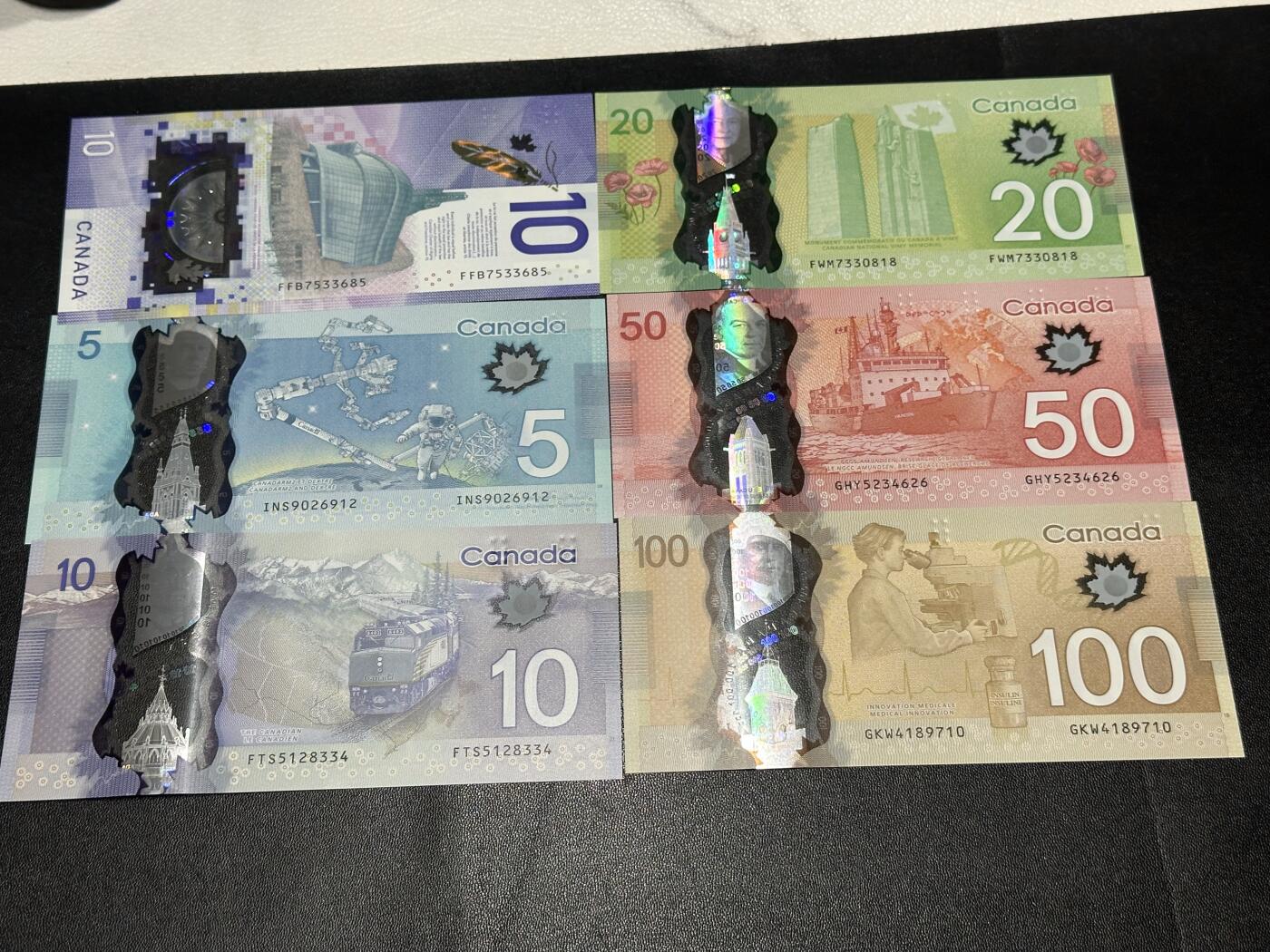 《外钞收藏家》第六百二十八期（精品百拍场）（长期征集拍品、欢迎藏友们联系合作） 加拿大2个版本塑料钞10-100加元 六张一起 全新UNC