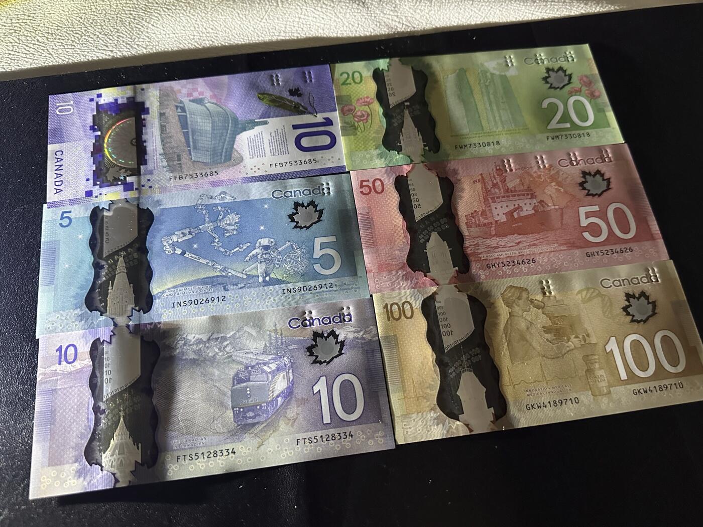 《外钞收藏家》第六百二十八期（精品百拍场）（长期征集拍品、欢迎藏友们联系合作） 加拿大2个版本塑料钞10-100加元 六张一起 全新UNC