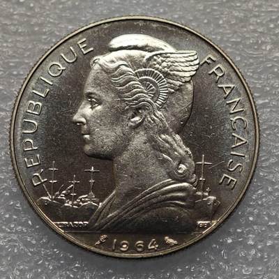  【淘币小摊】限时拍第八百九十五拍  埃塞俄比亚留尼旺比利时意大利场    每周一统一发货 留尼汪1964年100法郎镍币原光品 km13