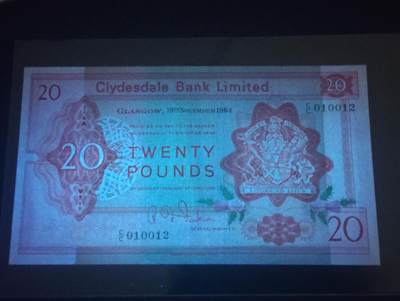 2026四月第三期，总第224期 苏格兰克莱斯戴勒银行1964年20镑AUNC无47，稀有的早期中高面值品种，银行徽章和格拉斯哥大学