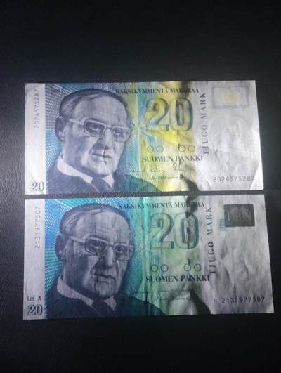 2026四月第三期，总第224期 芬兰1993版20马克初版+正式版两张防伪AUNC 剧作家林纳