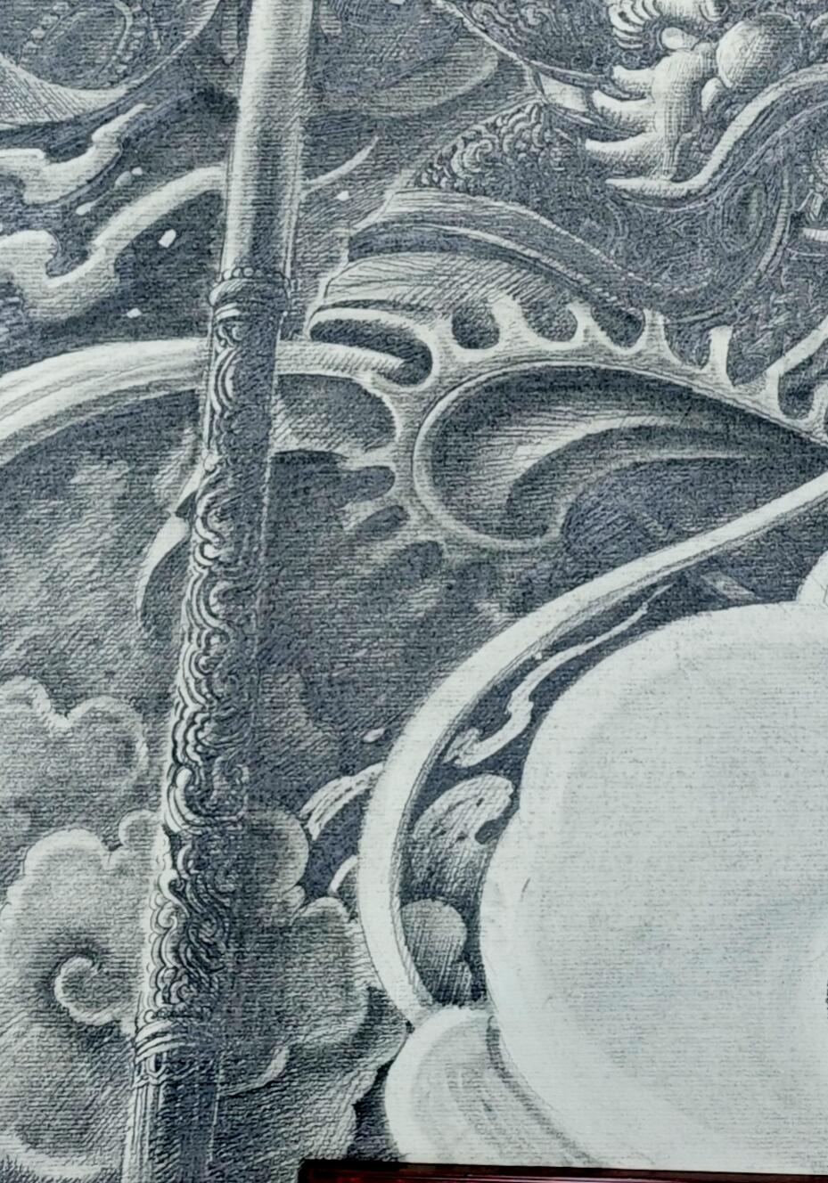 白泽拍卖卡牌手绘专场第35期（问东城春色，正谷雨，牡丹期） 2022 刘晓明素描画 齐天 尺寸：52.6cm*75.5cm  刘晓明亲签 钤印