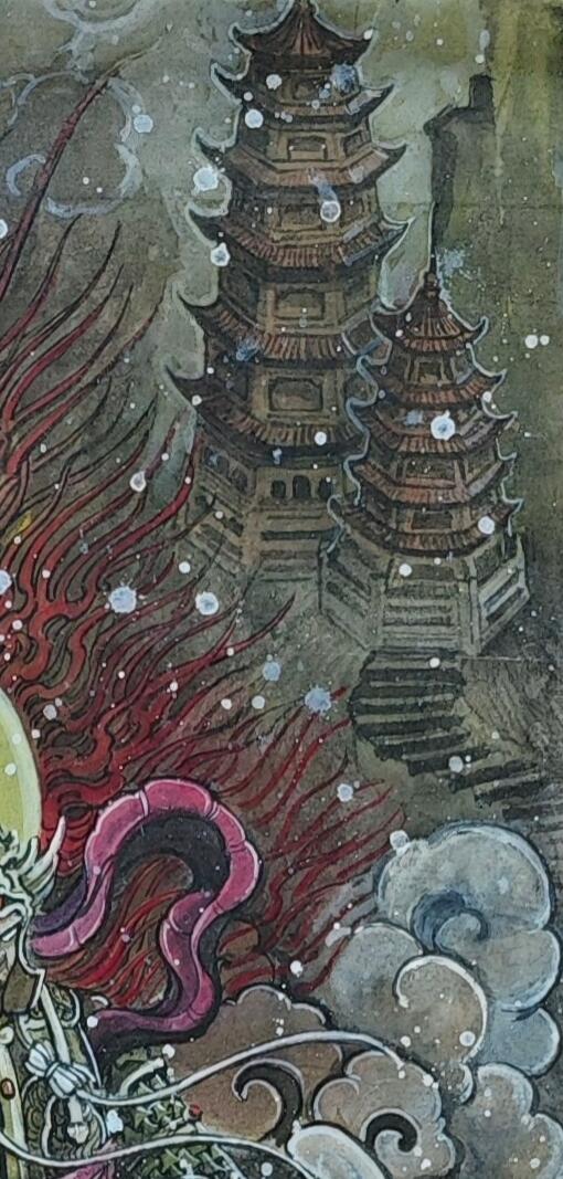 白泽拍卖卡牌手绘专场第35期（问东城春色，正谷雨，牡丹期） 2025 刘晓明手绘画 昙花一现只为韦陀 尺寸：19cm*38cm  刘晓明钤印