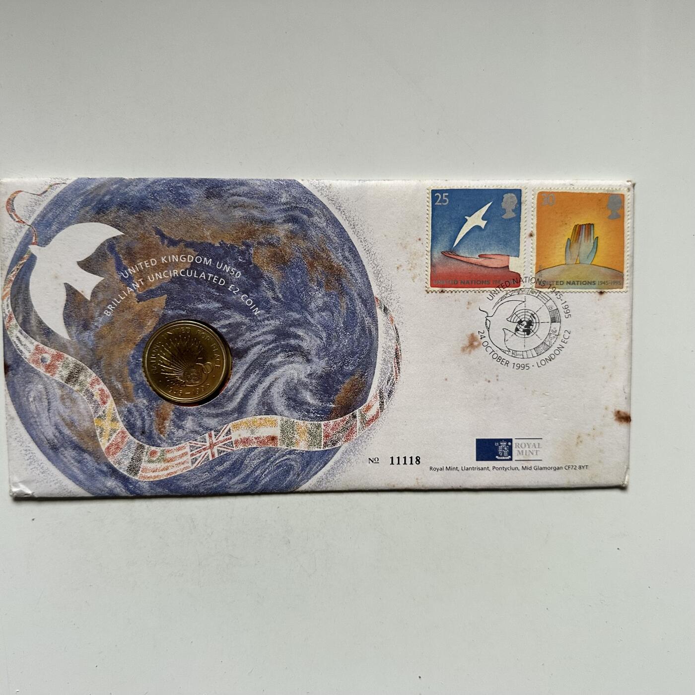 🌹外币初藏🌹🐯2026年第44场   每周二四六晚8️⃣点  世界硬币 英国 1995年  2英镑 联合国成立50周年纪念币 邮币封首日封