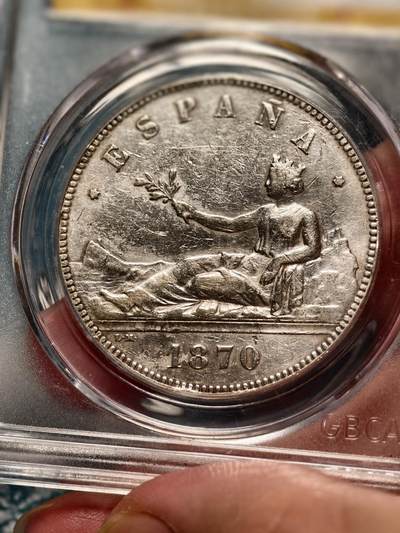 抚柳草堂-第二十六期章牌钱币  奖章勋章 满百包邮 放漏专场 1870西班牙5比塞塔拿花双柱大银币 重25g 临时政府仅铸1年  公博xf45状态很好